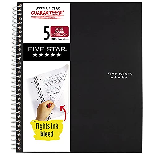 Five Star Spiral Notebook, 5 Subject, Wide Ruled Paper, Fights Ink Bleed, Water Resistant Cover, 8" x 10-1/2", 200 Sheets, Color Will Vary (05206)