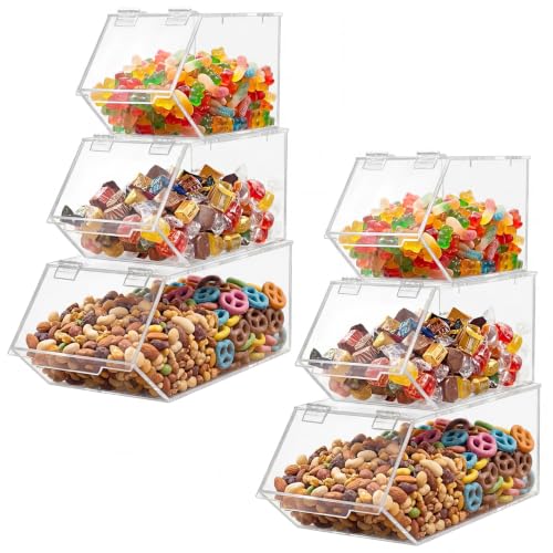 Fiwochic 2 Sets/6 Pcs Stackable Candy Bins with Hinged Lid Small Medium Large Clear Acrylic Storage Bins Stackable Pantry Storage Caddy for Cereal Nuts Candies Snack Ice Cream Toppings, Wrapped Snacks