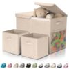 Fiwochic 3 Pack Toy Box Storage Organizer Set, 23" Large Fabric Toy Chest with Lid and 2 Cube Storage Bins, Collapsible Playroom Dorm Room Organizer for Clothes Book Essentials(Beige)