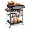 FJIESGKQ Kitchen Island Cart with Drawer, Rolling Service with Wooden Tabletop, 3-Tier Storage Wheels