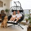 FKSLIFE Double Egg Chair Outdoor with Stand,Hanging Loveseat Hammock Swing Chair Patio Rattan Egg Chair with Leg Rests &Thickened Cushion,600LBS Capacity for Bedroom Balcony Garden