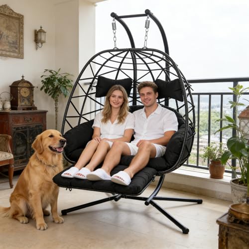 FKSLIFE Double Egg Chair Outdoor with Stand,Hanging Loveseat Hammock Swing Chair Patio Rattan Egg Chair with Leg Rests &Thickened Cushion,600LBS Capacity for Bedroom Balcony Garden