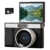 Flip Digital Camera, HD Point and Shoot Camera with 128G Memory Card, Retro Design, Compact 3.9 x 2.4 x 1.8 in 10 x 6 x 4.5 cm, Portable ABS Body, Ideal for Selfies, Easy to Carry, Black