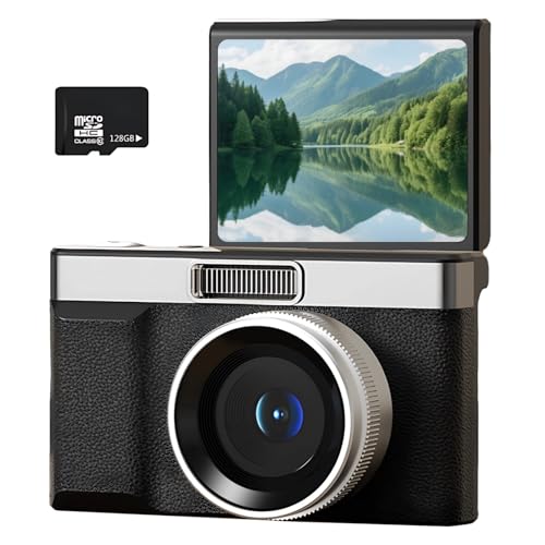 Flip Digital Camera, HD Point and Shoot Camera with 128G Memory Card, Retro Design, Compact 3.9 x 2.4 x 1.8 in 10 x 6 x 4.5 cm, Portable ABS Body, Ideal for Selfies, Easy to Carry, Black
