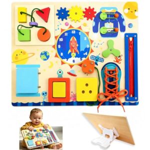 Foileon Montessori Busy Board, with Adjustable Stand Baby-Neck-Friendly, Space-Theme for 1-3 Year Old
