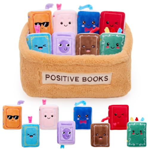 Foilswirl 9 Pcs Positive Stuffed Animal Basket Gift Set, Mini Plush Toys with Storage Basket, Cute Small Plush Figures for Birthday Party Favors Christmas Graduation Home Decor(Positive Book)