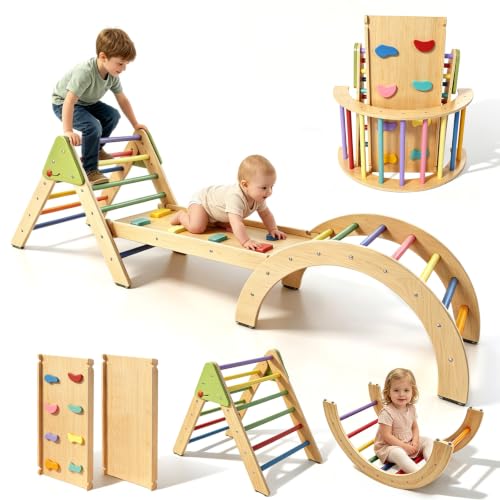 Foldable Pikler Triangle Climbing Set Wooden 7 in 1 Montessori Climber Toys for Toddlers 1-3 Baby Jungle Gym Indoor Slide Playground with Ramp & Arch & Ladder Large Kids Activity Center Boy Girl Gift