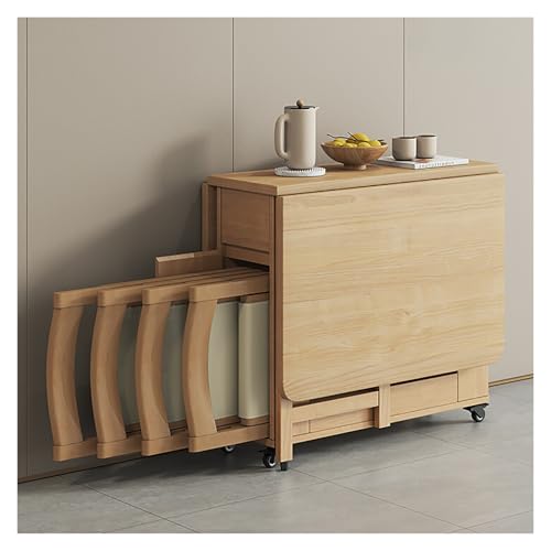 Folding Dining Table and Chairs, Solid Wood Retractable Home Kitchen Restaurant Drop Leaf Table with Storage Drawer for Living Room Hospitality, Easy Install Sturdy Expandable Portable Desk