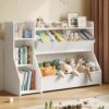 FOUCSSOMEI Kids Toy Storage Organizer with Bookshelf, 3-Tier Wooden Toddler Toy and Book Storage Rack with 3 Removable Bins for Living Room Playroom