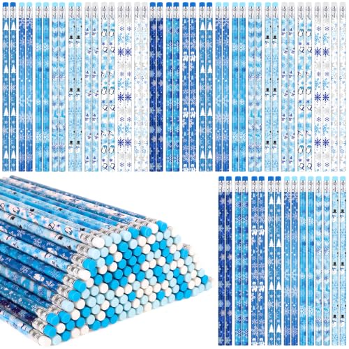 Fovths 384 Pieces Winter Snowflake Pencils with Eraser Toppers Fun Holiday Gift Pencils Bulk with Storage Box HB Pencil Frozen Party Favors for School Stationery Party Reward Supplies