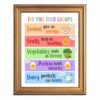 Framed Canvas Wall Art Cartoon Five Food Groups Art Colorful Cute Food Characters Canvas Print Poster Gold Frame Wall Decor for Playroom Classroom Cute Food Art, Nutrition - Inch 12x16