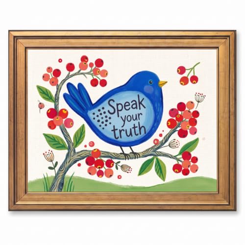 Framed Canvas Wall Art Folk Art Blue Bird on Berry Branch Vibrant Colors Canvas Print Poster Gold Frame Wall Decor for Living Room and Bedroom Motivational Art, Whimsical Decor - Inch 8x10