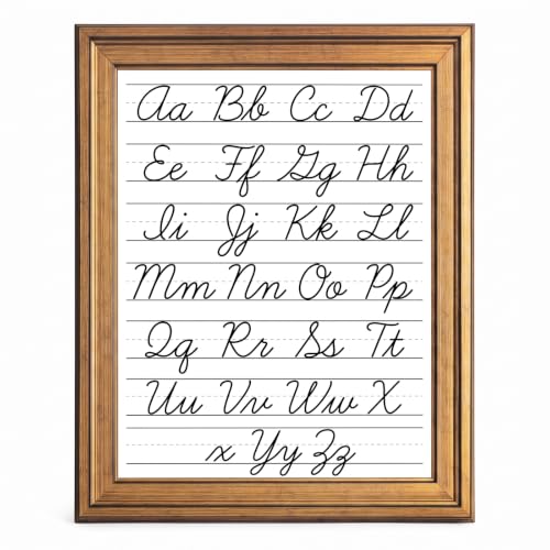 Framed Canvas Wall Art Minimalist Cursive Alphabet Chart Black and White Script Canvas Print Poster Gold Frame Wall Decor for Nursery Playroom Classroom Educational Art, Study Decor - Inch 16x20