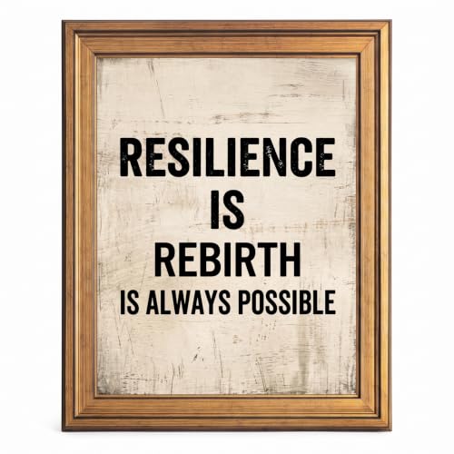 Framed Canvas Wall Art Minimalist Resilience Is Rebirth Black Typography on Weathered Beige Wood Canvas Print Poster Gold Frame Wall Decor for Home Office Motivational Quote, Inch 16x20