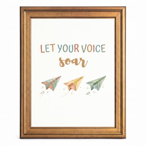 Framed Canvas Wall Art Modern Minimalist Paper Planes Sage and Ochre Let Your Voice Soar Canvas Print Poster Gold Frame Wall Decor for Nursery Kids Room Motivational Art, Modern Minimalist - Inch 8x10