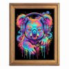 Framed Canvas Wall Art Pop Art Koala with Headphones Neon Pink Psychedelic Animal Portrait Canvas Print Poster Gold Frame Wall Decor for Bedroom Music Room, Colorful Street Art - Inch 8x10