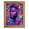 Framed Canvas Wall Art Pop Art Portrait of Black Man Neon Blue Purple Splatters Canvas Print Poster Gold Frame Wall Decor for Living Room Urban Street Art, Male Portrait Print - Inch 12x16