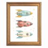 Framed Canvas Wall Art Retro Watercolor Space Rockets Pastel Teal Coral and Cream Canvas Print Poster Gold Frame Wall Decor for Nursery Kids Room Playroom Decor, Cute Cosmos Print - Inch 16x20
