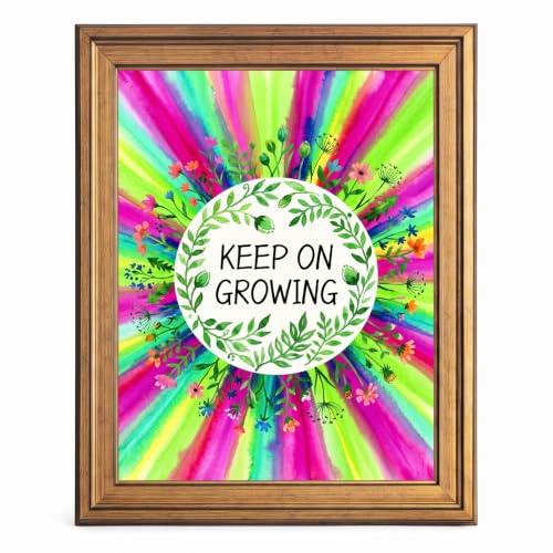 Framed Canvas Wall Art Vibrant Watercolor Floral Magenta Lime Sunburst Keep on Growing Canvas Print Poster Gold Frame Wall Decor for Office Bedroom Motivational, Botanical Art - Inch 8x10
