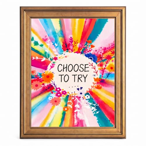 Framed Canvas Wall Art Vibrant Watercolor Sunburst Floral Quote Rainbow Rays and Botanical Doodles Canvas Print Poster Gold Frame Wall Decor for Home Office Bedroom, Motivational Art - Inch 12x16