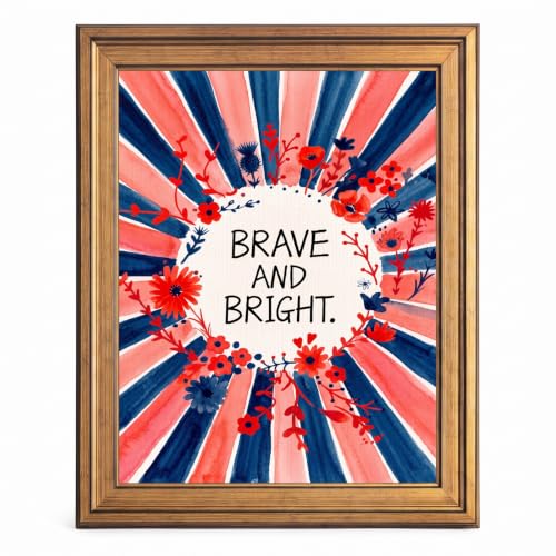 Framed Canvas Wall Art Watercolor Brave and Bright Coral and Navy Sunburst Red Flowers Canvas Print Poster Gold Frame Wall Decor for Nursery Kids Room Motivational Art, Wall Art - Inch 16x20