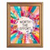 Framed Canvas Wall Art Watercolor Floral Quote Turquoise and Peach Sunburst WORTH THE EFFORT Canvas Print Poster Gold Frame Wall Decor for Office Motivational Art, Inspiring Decor - Inch 12x16