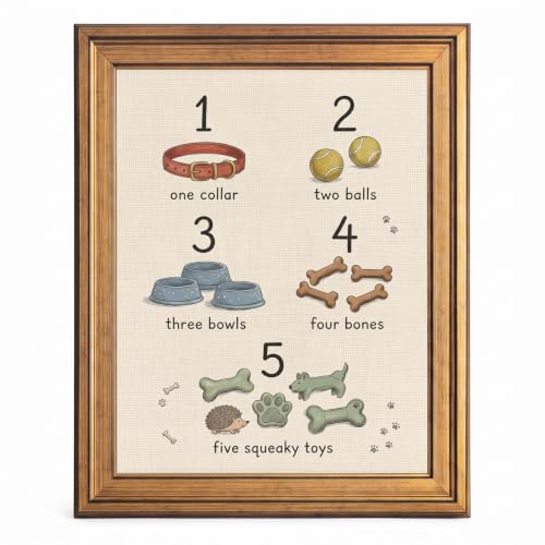 Framed Canvas Wall Art Whimsical Dog Accessories Numbers Warm Cream Linen Canvas Print Poster Gold Frame Wall Decor for Kids Room Nursery Playroom Art, Educational Poster - Inch 16x20