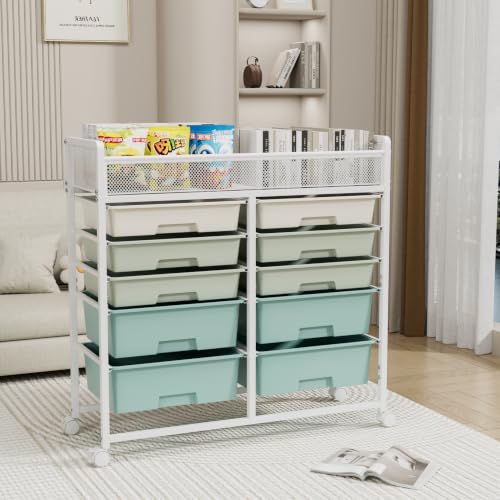 free-space White Large Capacity 2-Row 10-Drawer Rolling Storage Cart, Metal Mesh Top Utility Organizer with Wheels, Multi-Layer Plastic Drawers for Kitchen, Bathroom, Bedroom, Office