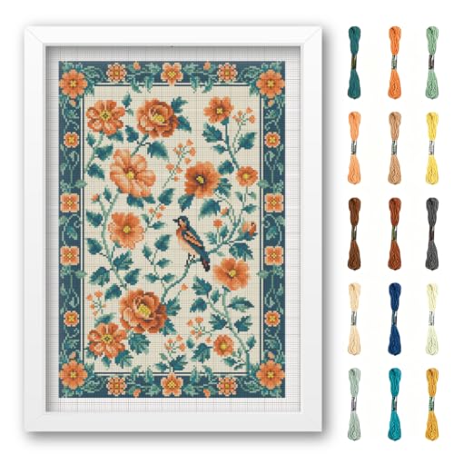 FREEBLOSS 11CT Cross Stitch Kit Stamped Cross Stitch Craft Kit with Stitching Guide for Beginners Retro Floral Pattern Embroidery Set Crossstitch Wall Hanging Set 13.8x19.7 inch