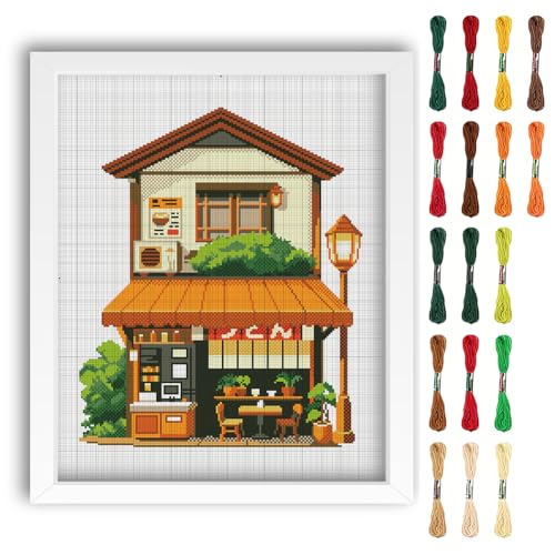 FREEBLOSS 11CT Cross Stitch Kit Stamped Cross Stitch Wall Painting Kit with Stitching Guide for Beginners Japanese Noodle Bar Pattern Embroidery Set Crossstitch Wall Hanging Set 16 * 20 inch