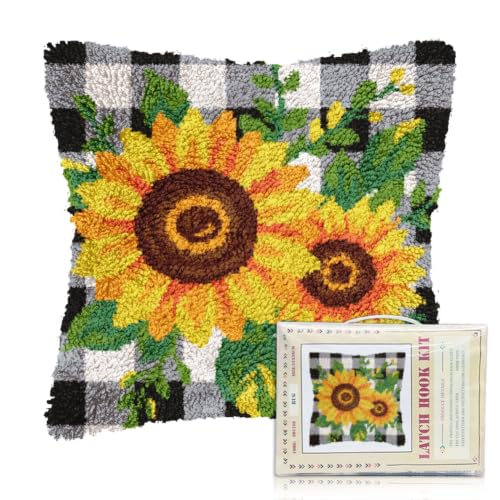 FREEBLOSS Latch Hook Kits for Adults Beginners Checkered Sunflower Pre Printed DIY Crochet and Latch Kits Pillow Cover for Home Sofa Decoration, Includes Instructions 17 * 17 Inch