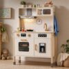 Freniland Wooden Play Kitchen, Kitchen Playset for Kids with Realistic Stove, Range Hood, Oven, Ice Maker, Microwave, Sink, with Light & Sound, 18 Accessories, Pretend Toy Kitchen, Gift for Ages 3+