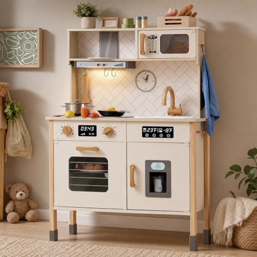 Freniland Wooden Play Kitchen, Kitchen Playset for Kids with Realistic Stove, Range Hood, Oven, Ice Maker, Microwave, Sink, with Light & Sound, 18 Accessories, Pretend Toy Kitchen, Gift for Ages 3+