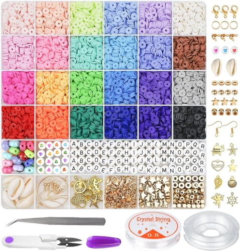 Friog Graduation Teachers Appriciation Gift Jewelry/Bracelet Making Kit 6000+PCS Clay Beads, 24 Colors Flat Preppy Beads for Friendship Jewelry Making,Polymer Heishi Beads with Girls,Adult Gifts