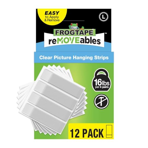 FrogTape reMOVEables Clear Picture Hanging Strips, Large, 12 Pairs, 12lbs per 4 Pairs, Damage-Free Removeable Adhesive Wall Strips Picture Hangers for Mounting Frames, Canvas, Home Décor (24 Pieces)