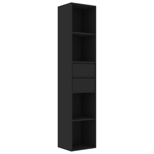 fsahslih Book Cabinet Black Engineered Wood 6-Tier Storage Shelves with Drawers Modern Tall Bookcase for Living Room Bedroom Office Minimalist Display Rack 11.8 x 14.2 x 67.3 in