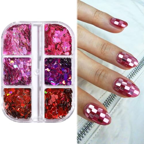 FSpronail Disco Nail Sequins, Red Pink Square Rectangle Sequins for Nails Art Holographic Chunky Glitter Flakes Ultra-Thin Shiny Spangles Manicure Paillette Confetti Decoration Y2K Design Fingernails