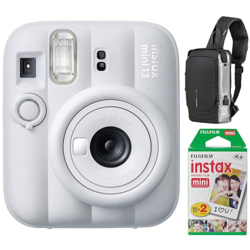 Fujifilm Instax Mini 13 Instant Camera Clay White 16963137 Bundle with Deco Essentials Sling Backpack and Fujifilm Instax Mini Twin Pack Picture Format Instant Daylight Film 20 Shots