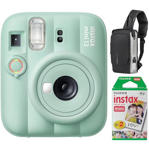 Fujifilm Instax Mini 13 Instant Camera Lagoon Green 16963125 Bundle with Deco Essentials Sling Backpack and Fujifilm Instax Mini Twin Pack Picture Format Instant Daylight Film 20 Shots