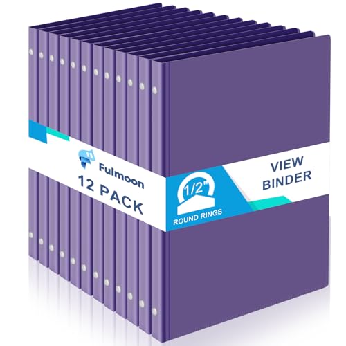Fulmoon 12 Pcs Economy View 3 Ring Plastic Binder 12.2 x 9.8 Inch Plastic Round Ring Binders with Pockets Notebinder for Meetings for Home, Office, School(Purple, 1/2 Inch)