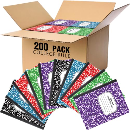 Fulmoon 200 Pcs Composition Notebooks, Comp Book, 9.75"x 7.5", 60 Sheets Per Comp Book, Black Purple Blue Red Green, Marble Notebooks for School Kids Home Office(College Ruled 9/32'' Spacing)