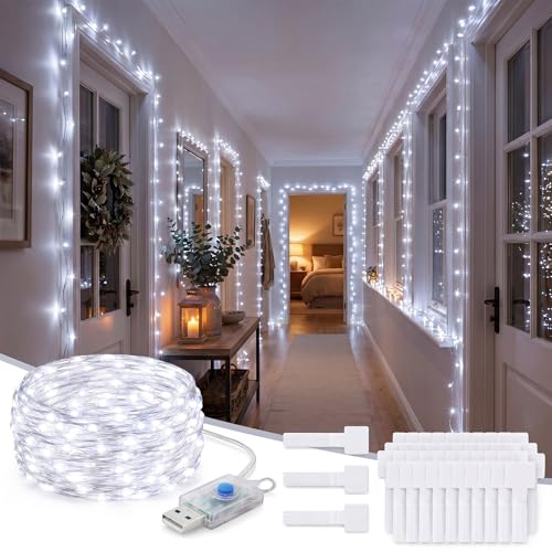 Fumete Christmas Cool White Fairy Lights for Hallway Decoration 65.62 ft 200 LEDs String Lights with White Mounting Ties USB Copper Wire Light for Bedroom Door Frame Christmas Party Decor