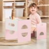 FUNLIO Height Adjustable Montessori Table and Chair Set for Age 1-3, Solid Wood Toddler Table and Chair Set, Weaning Baby Table Chair Set for Reading/Eating/Playing, Easy to Assemble - Pink