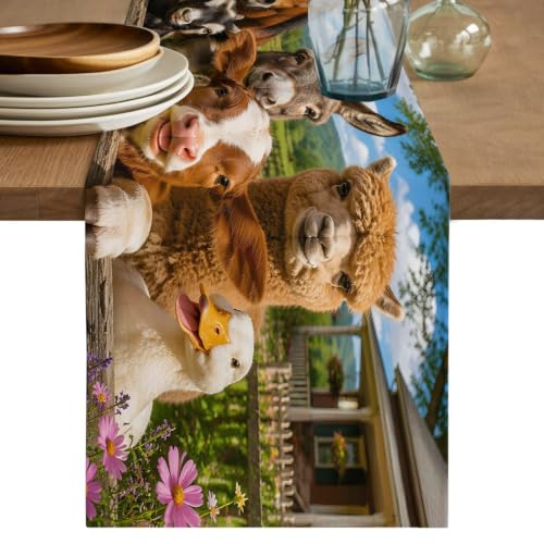 Funny Animals Cotton Linen Table Runner for Dining Kitchen, Farmhouse Barn Horse Cow Country Wedding Outdoor Party Tablerunners Decoration, Dresser Scarf Coffee Tablecloth Runners 13x108 Inches