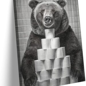 Funny Bear Wall Art​ Black and White Animal Wall Decor Painting Bear Toilet Paper Pile Canvas Print​ Modern Humor Decor Posters Prints for Bathroom