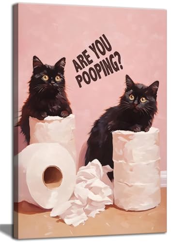 Funny Black Cat Bathroom Canvas Wall Art Picture Humorous Animal Toile Poster Prints Are You Pooping Painting Artwork Wall Decor for Washroom Restroom 12x16in Framed Ready To Hang