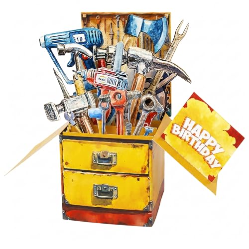 Funny Pop Up Birthday Card for Men - 3D Mechanical Toolbox Greeting Card, Fancy Birthday Gift Cards with Envelope for Dad Husband Son Boyfriend Grandpa, Unique Tool-Themed Design