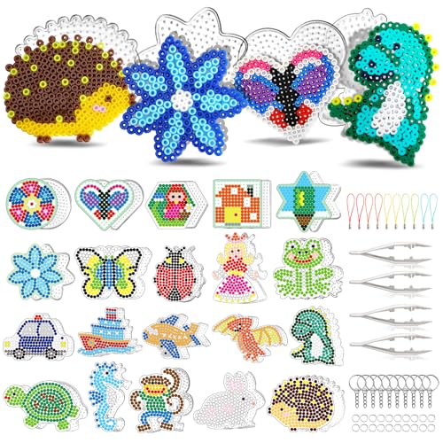 FUNZBO 20 pcs Pegboards for 5mm Fuse Beads Project- Animal Shape Pegboards for Arts and Crafts with Keychains, Hang Ropes and Tweezers, Gifts for Boys and Girls (Beads Not Included)