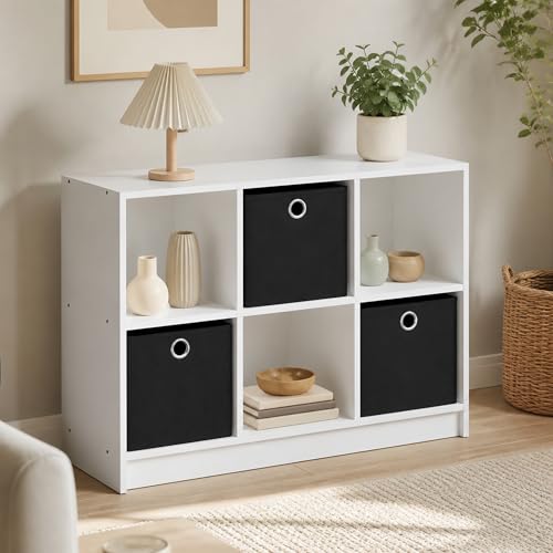 Furevol 6-Cube Bookshelf with Storage Bins, Cube Bookcase, Book Shelf with Storage Bins, 11.9 x 31.6 x 23.6, for Living Room, Home Office, White/Black