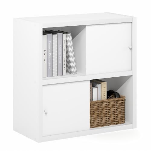 Furinno Cubicle Book Shelf with Sliding Doors, 4-Cube Bookshelf, Extra Thick Frame Bookcase with Open & Closed Storage, 14.6 x 30 x 30, for Living Room, Bedroom, Home Office, White